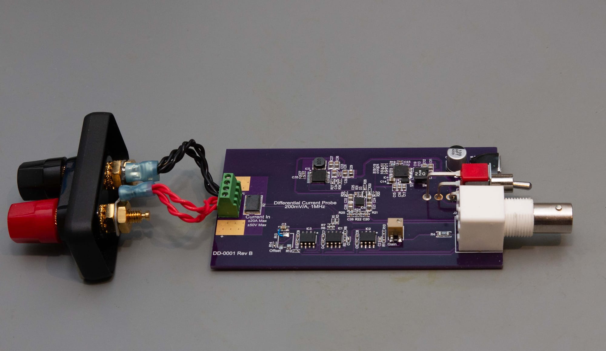 An assembled current probe PCB